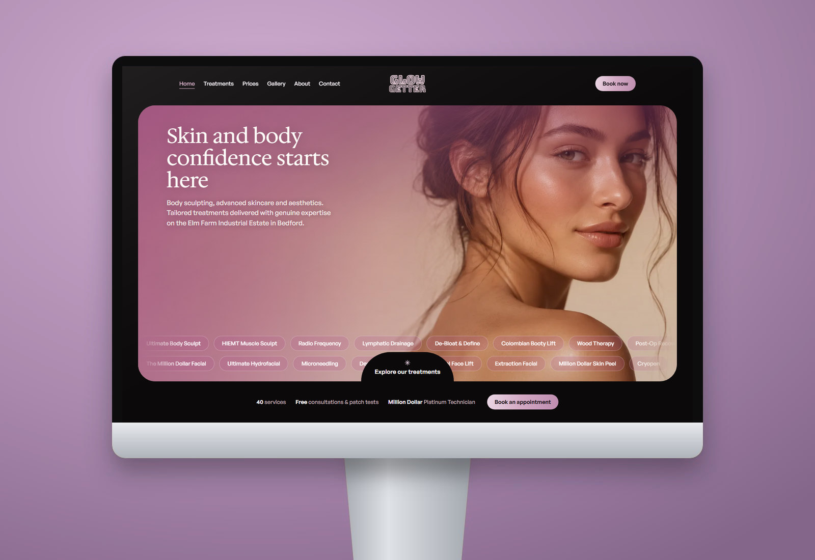Website design and build for Glow Getter Bedford. Body sculpting, skincare & aesthetics, Bedford.