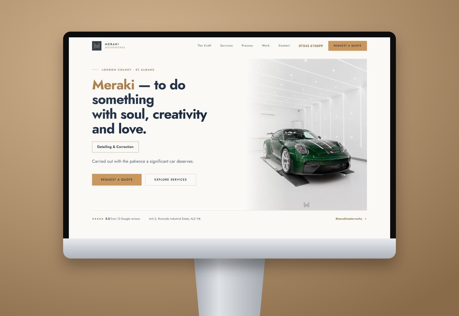 Website design and build for Meraki Motorworks. Paint protection, detailing & wrapping, St Albans.